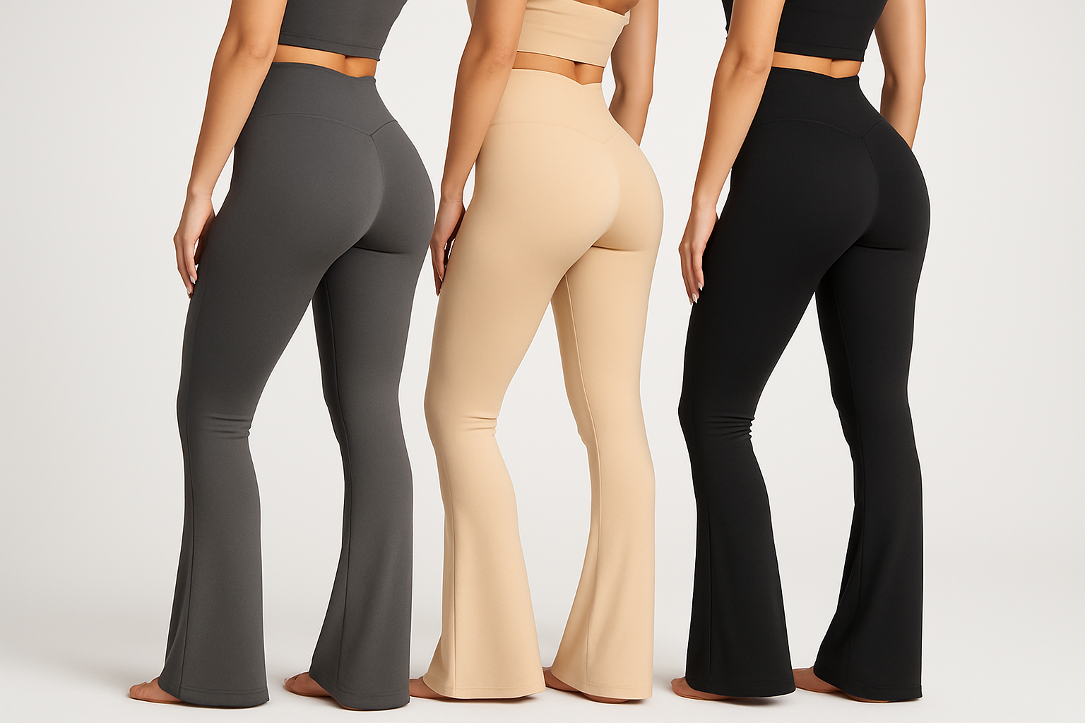 A high-quality studio photo showing three women standing side by side from the waist down, turned slightly to the side to highlight their curves and butt shape. They are wearing sculpting flare leggings with a snug fit. The leggings are in three different colors: dark grey, beige, and black. Clean white background, sharp lighting, professional e-commerce product photo style, no branding, only the leggings clearly visible.